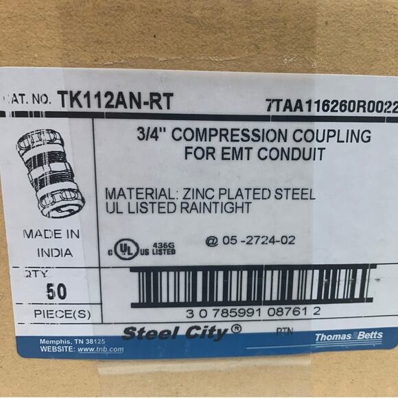 50 New Thomas & Betts 3/4" Compression Couplings for EMT Conduit Original Box - Picture 3 of 3
